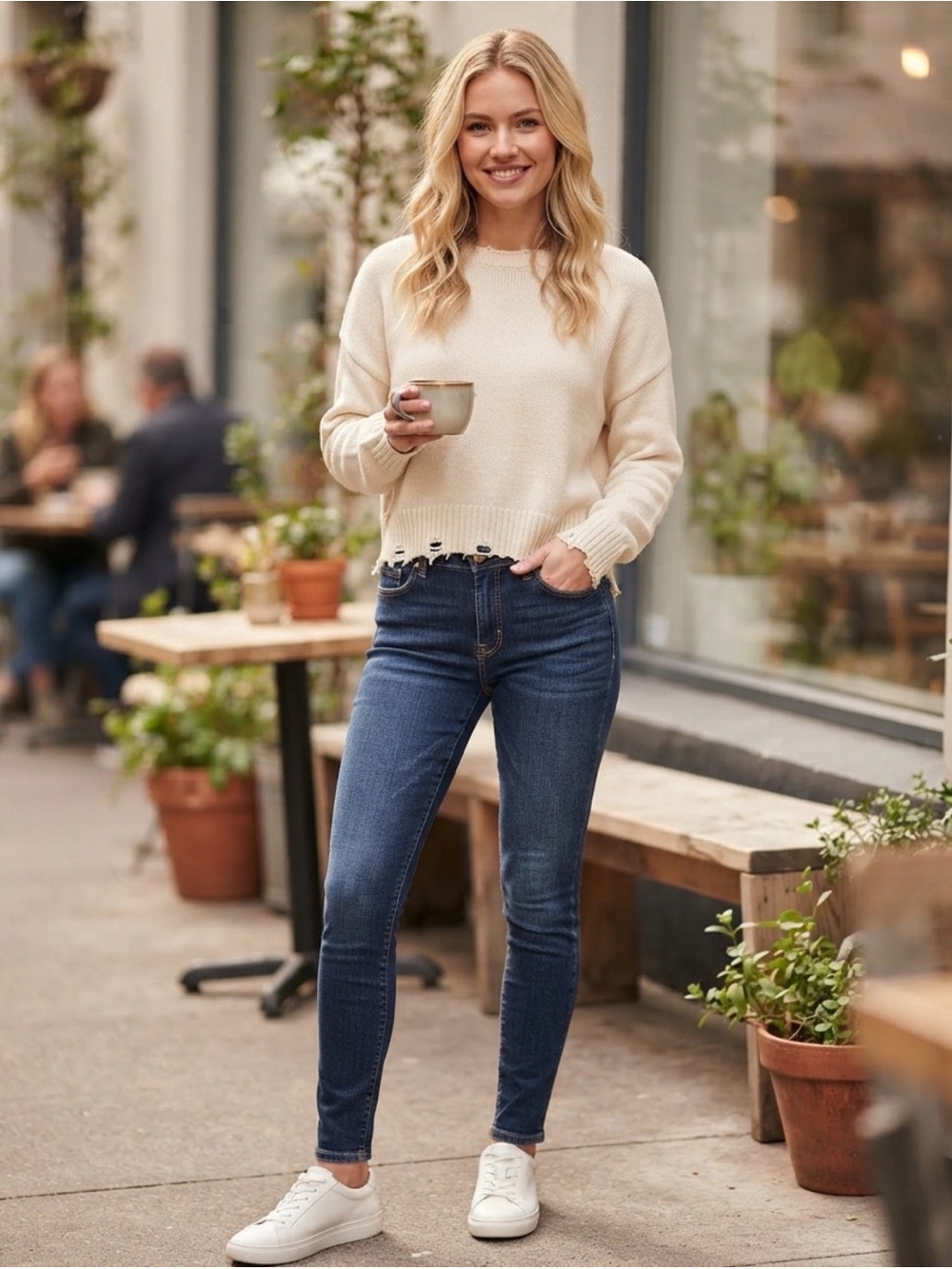 Frame Denim Mid/High-Rise Skinny Jeans in Dark Blue Wash